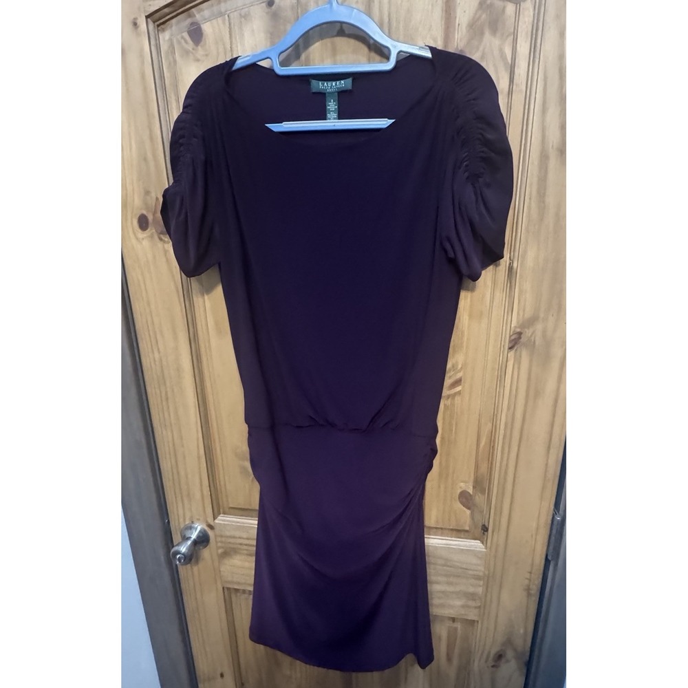 Lauren Ralph Lauren Dress 8 Purple Ruched‎ Sleeve Stretch Knee Length Cocktail